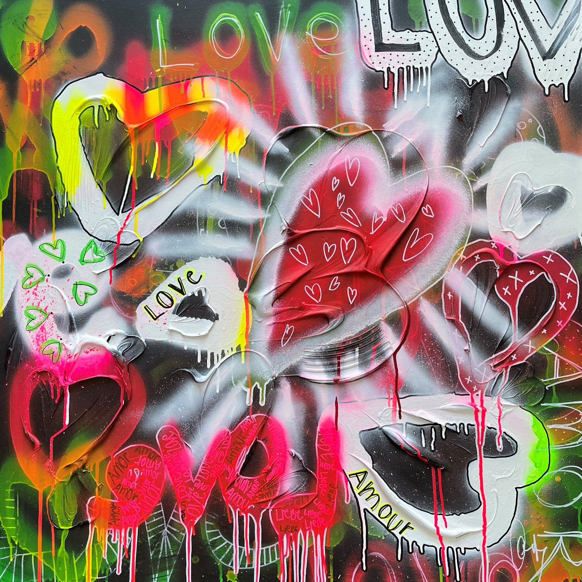 Large 36''x36'' original painting, contemporary abstract, colorful artwork about love with writings and hearts, graffiti syle art