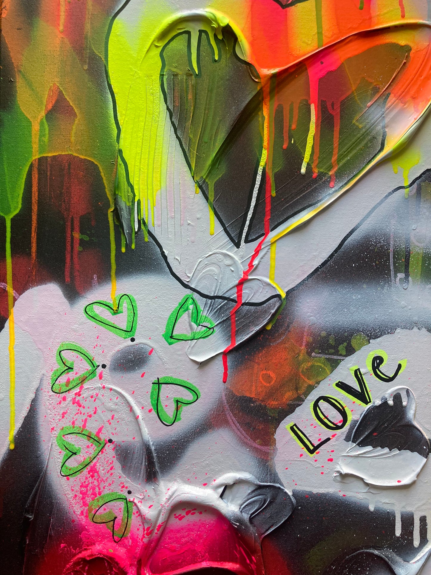 Close up of large 36''x36'' original painting, contemporary abstract, colorful artwork about love with writings and hearts, graffiti syle art